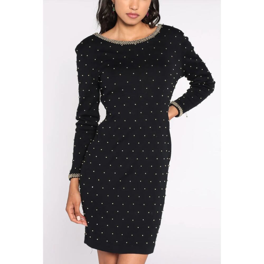 Vintage 90s ET AL Hand Beaded Black Party Mini Dress 12 Long Sleeve Sheath LBD